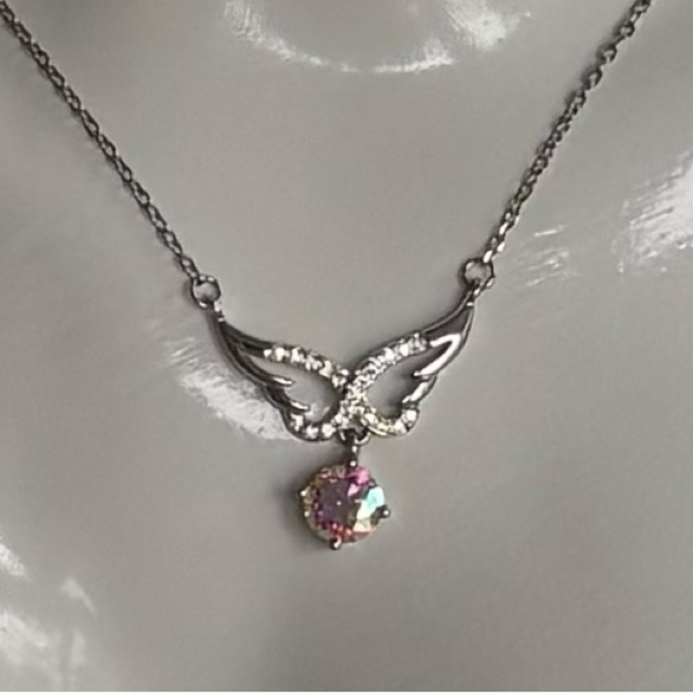 Moissanite Rainbow Aurora Bourealis Silver Angel Wing Necklace